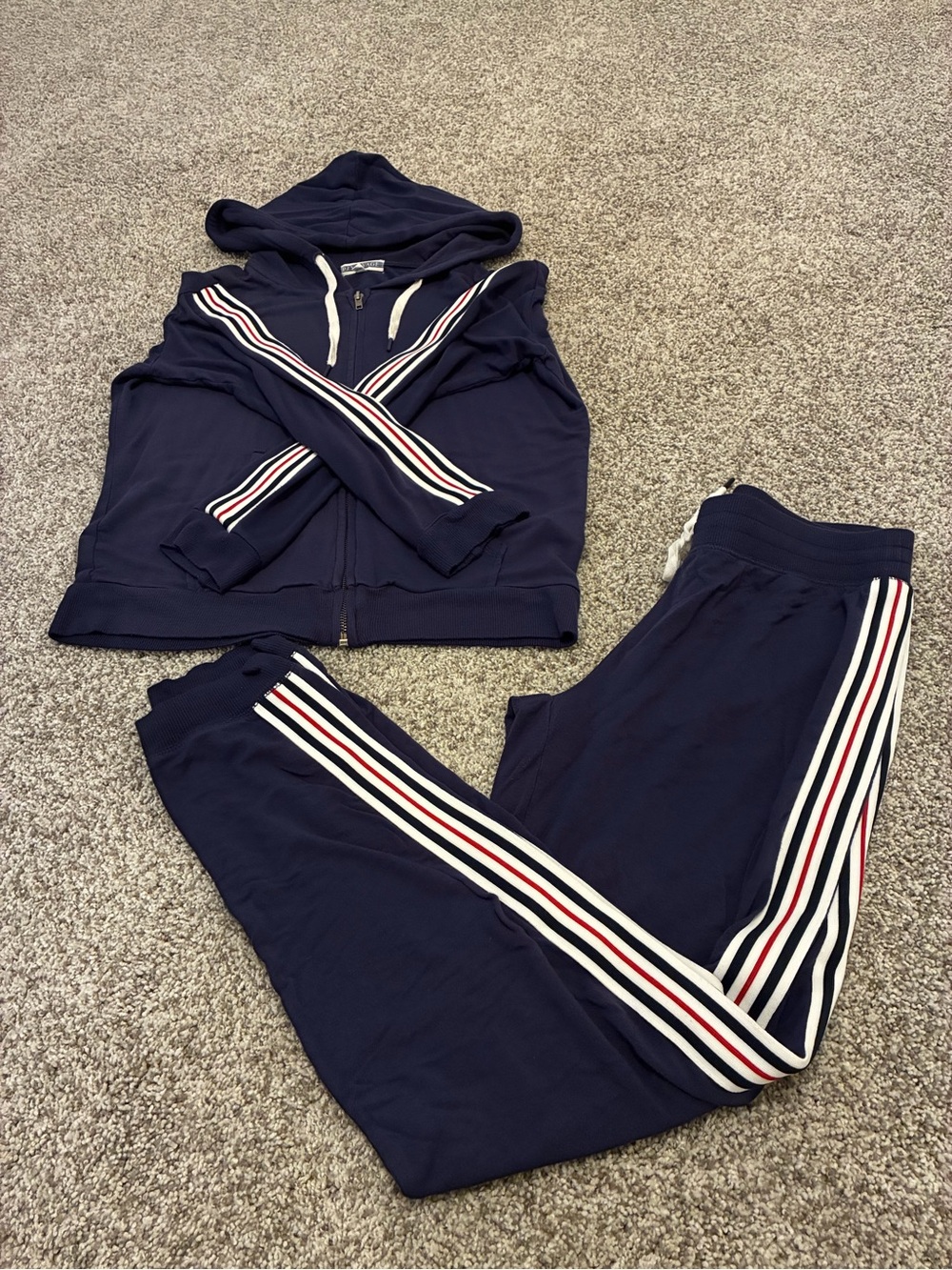 PJ Salvage Navy Hooded Track Jacket & Striped Joggers Lounge Set (XS/S)